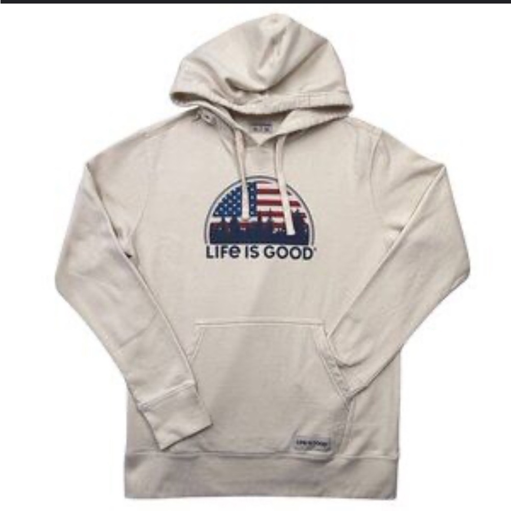 Life is Good Men’s American Flag Logo Hoodie Beige Size Large